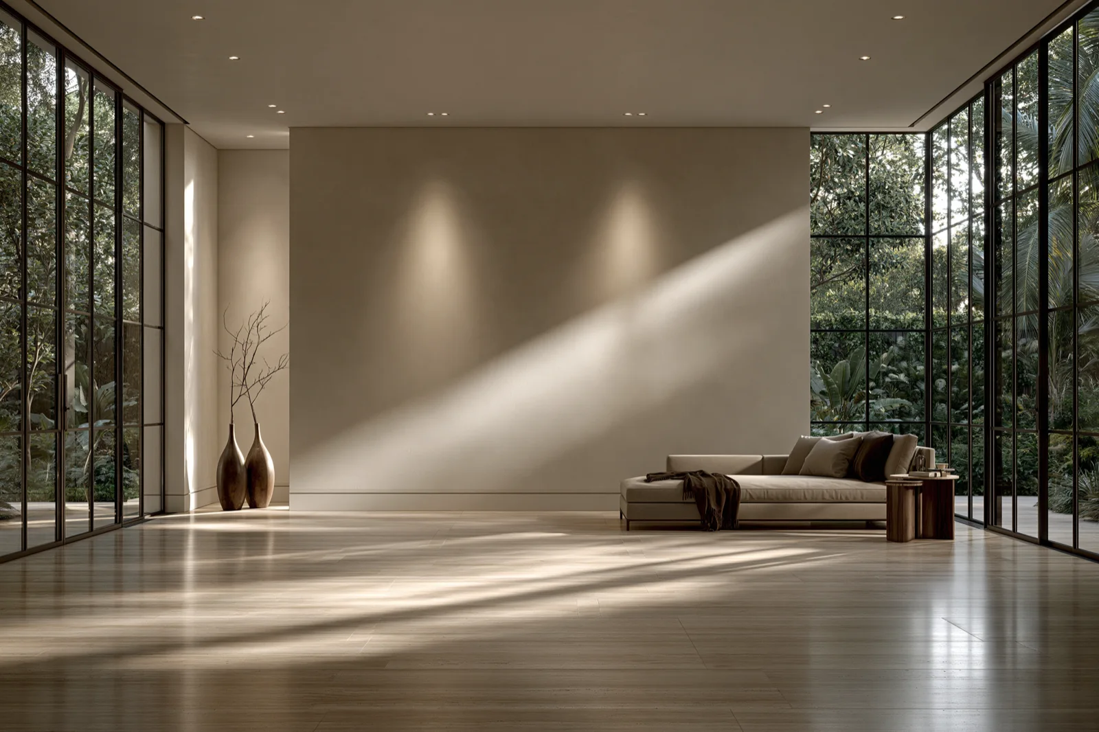 Interior minimalista luminoso con suelo de travertino, paredes de estuco y grandes ventanales de acero negro